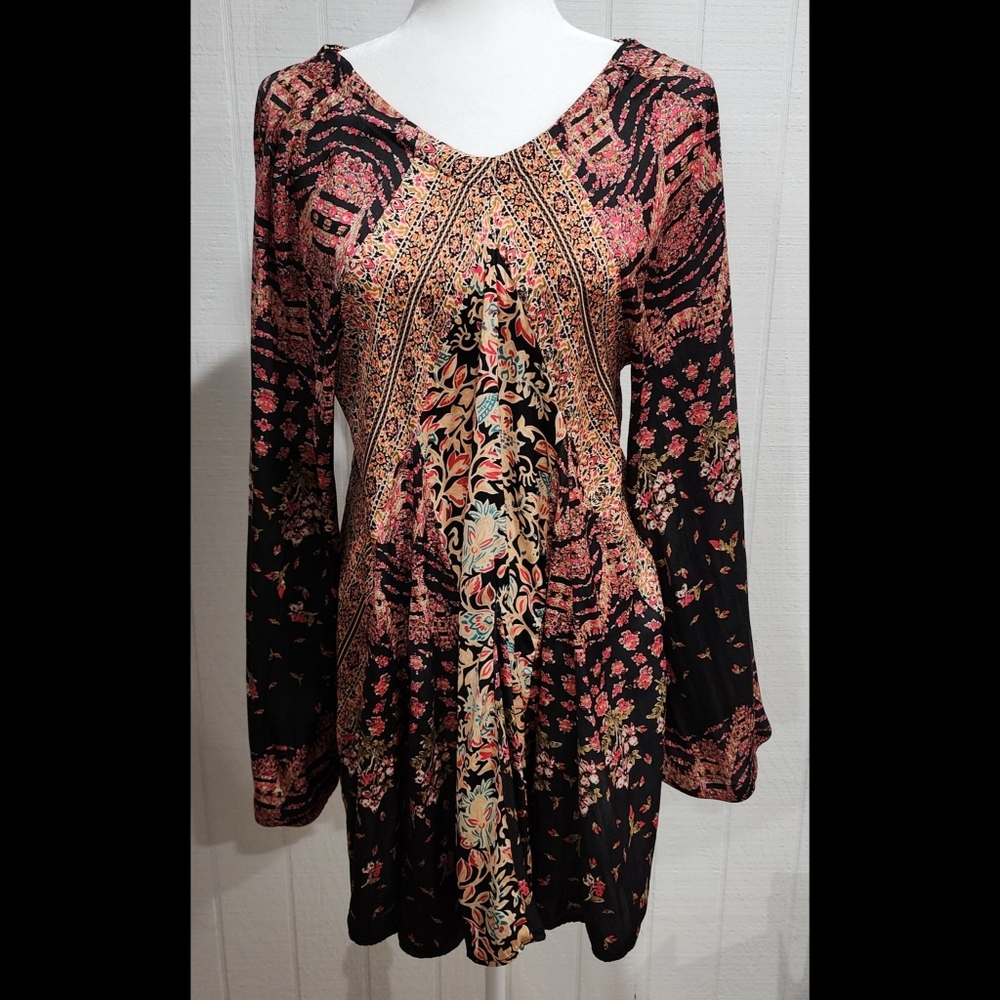 Free People Stevie Dress Size Small Tunic Mini Dress Boho Bell Sleeves Tie Back